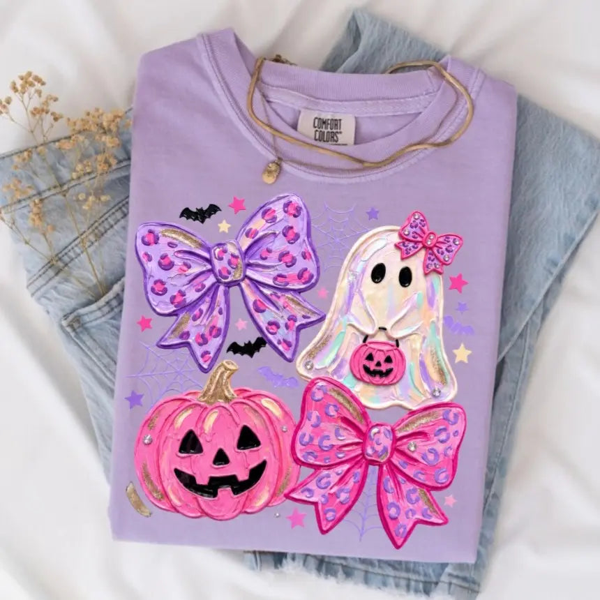 Comfort Colors Preppy Ghost Coquette Shirt, Cute Pink Bow Halloween T-Shirt, Girly Spooky Season Graphic Tee, Retro Fall Ghost Apparel, Trendy Gift