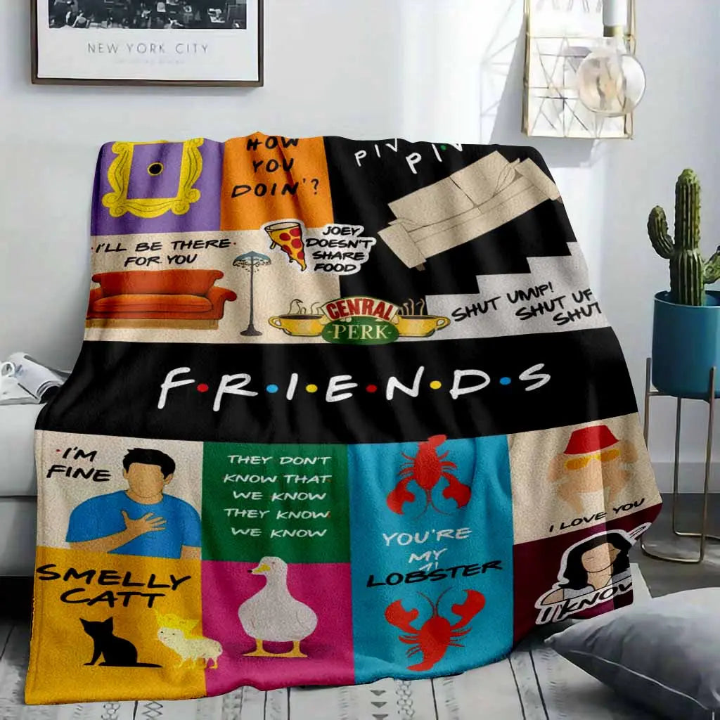 Friends TV Show Flannel Fabric Blanket - Soft, Warm, Fuzzy, Lightweight, Wrinkle Resistant, Anti-Pilling Throw with "You're My Lobster", Smelly Cat, Pivot Quotes & Central Perk Prints, 90s Sitcom Aesthetic, Indoor/Outdoor, Sofa Use, Best Friend Gift, Mult