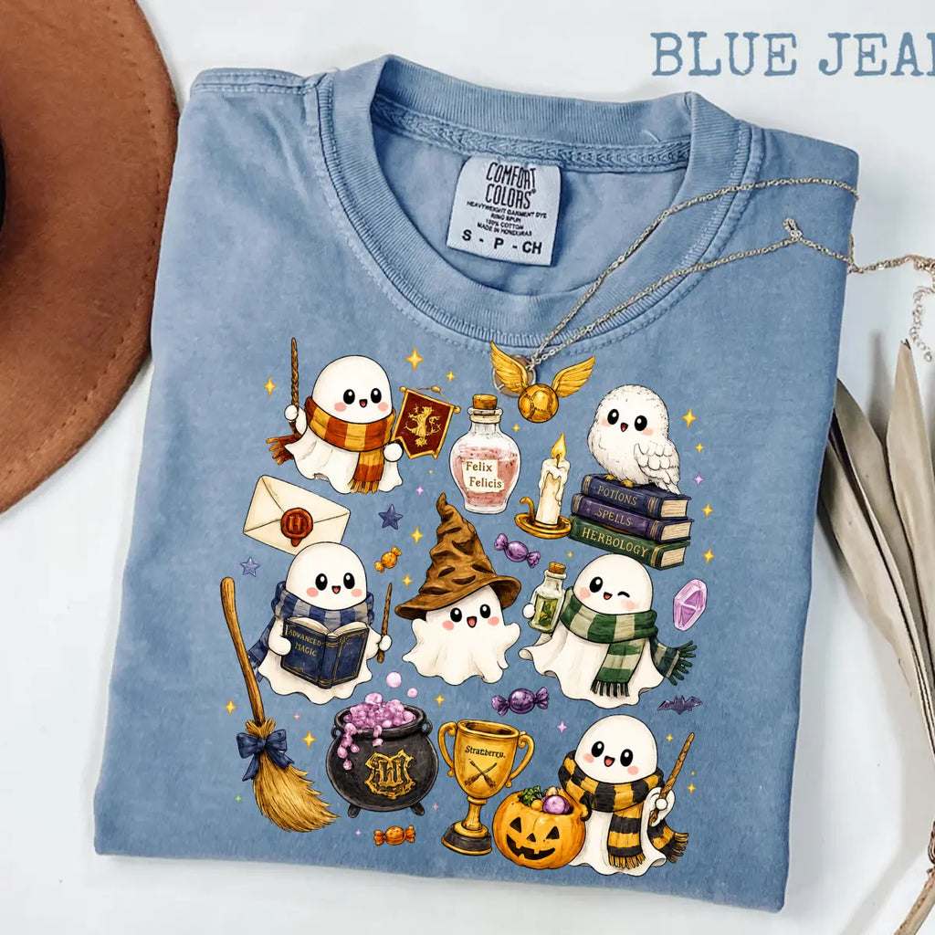 Comfort Colors Wizard Ghost Shirt, Magical Halloween Graphic Tee, Fantasy Ghost T-Shirt, Spooky Wizard World Inspired Gift