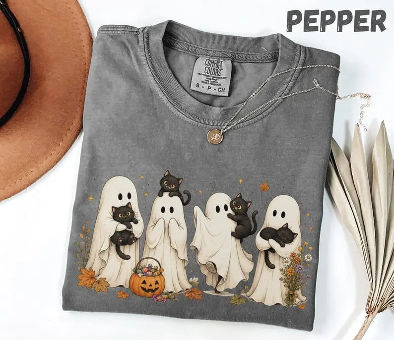 Comfort Colors Cute Ghost Cat Halloween T-Shirt, Spooky Season Tee, Black Cat Ghost TShirt, Cozy Fall Halloween Graphic T Shirt