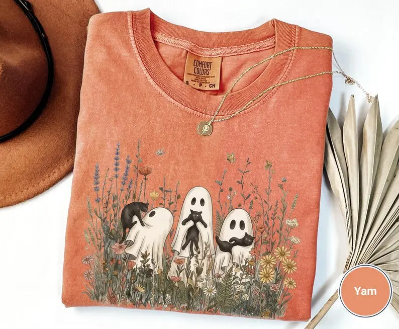 Comfort Colors Vintage Cottagecore Ghost Cat TShirt, Halloween Whimsical Wildflower Botanical Tee, Floral Spooky Nature Lover Gift