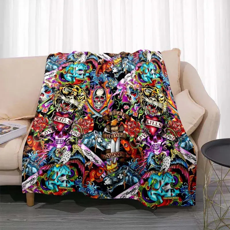 3dED- HARDY Tattoo Tiger Skull Blanket Living Room Bedroom Sofa Soft and Comfortable Warm Blanket Office Leisure Blanket