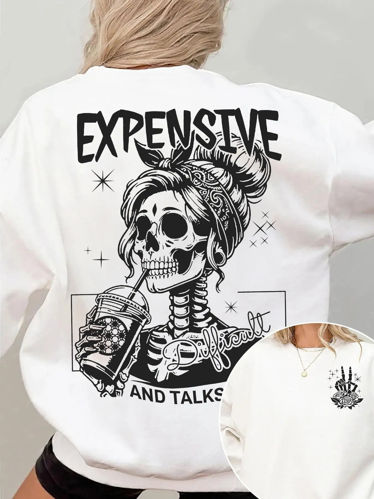 Women's Letter, Halloween & Skeleton Print Drop Shoulder Sweatshirt, Fashion Casual Long Sleeve Crew Neck Pullover for Daily Holiday Outdoor Wear, Women Clothing for Fall & Winter, Lady Tops, Womenswear, Graphic Sweatshirts