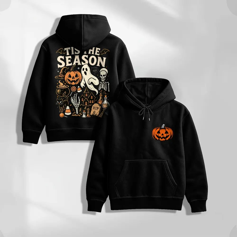 Halloween Spooky Season Graphic Hoodie, Pumpkin Ghost Skeleton Front and Back Print Pullover Sweatshirt, Vintage Horror Long Sleeve Streetwear Hoodie for Halloween Party, Fall and Daily Wear