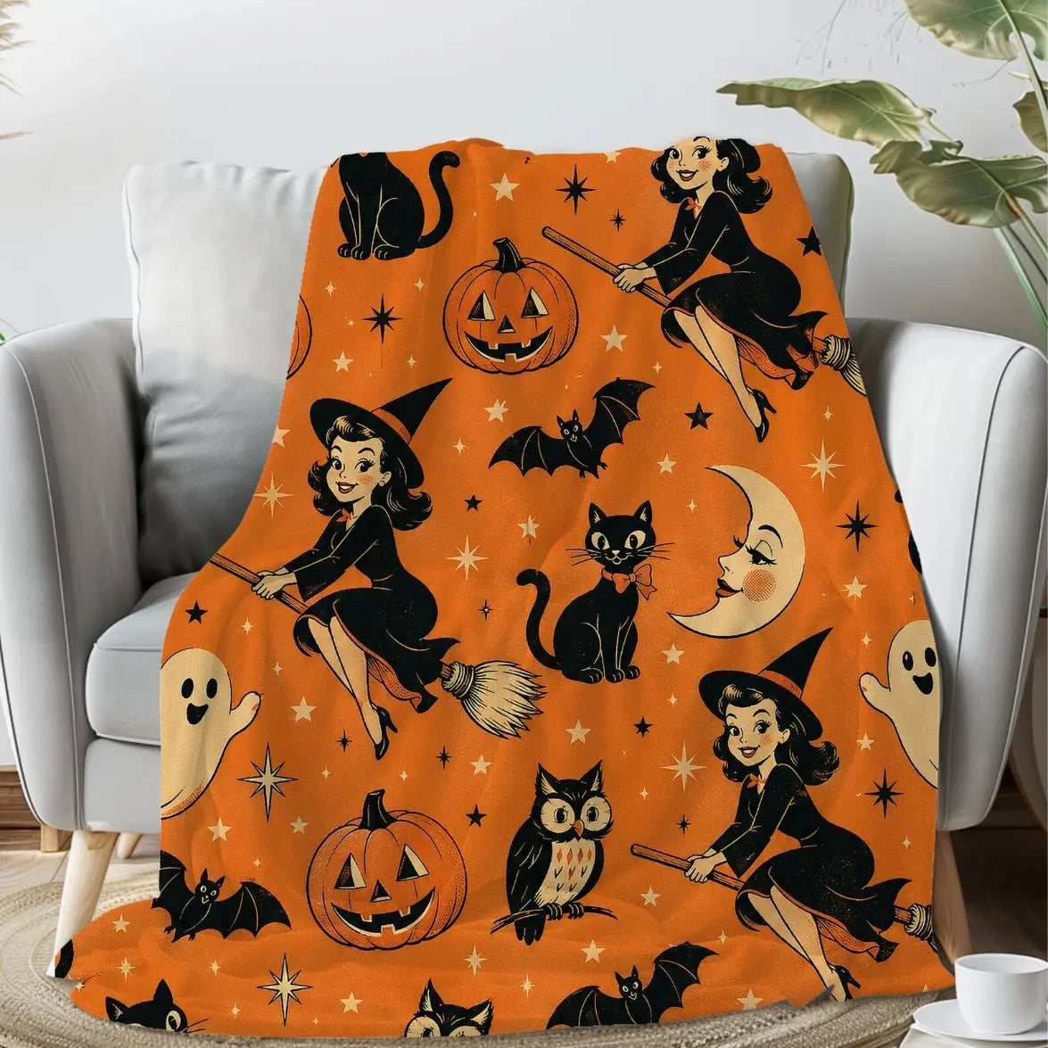 Halloween Witch Flannel Blanket, Retro 60s Flannel Throw Blanket, Soft Cozy Plush for Bed Sofa, Spooky Fall Room Decor, Christmas Gift
