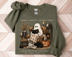 Cozy Ghost Reading Gildan Sweatshirt or T-Shirt, Book Lover Coffee Spooky Vibes Shirt, Cute Halloween Reader Fall Graphic Tee