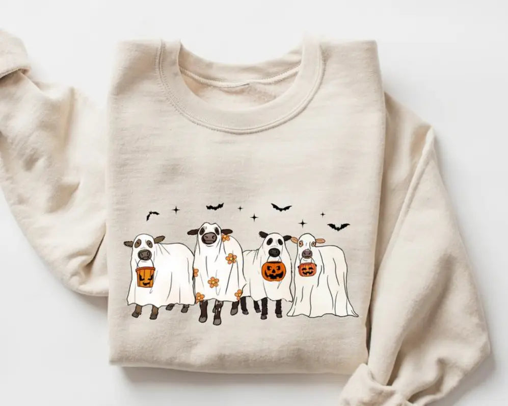 Ghost Cows Halloween Crewneck - Sweatshirt - Hoodie, Gildan Sweatshirt, Full Color, For Men, For Women, Casual, Classic Fashion, Full Sizes, Tee Print Womenswear Tops