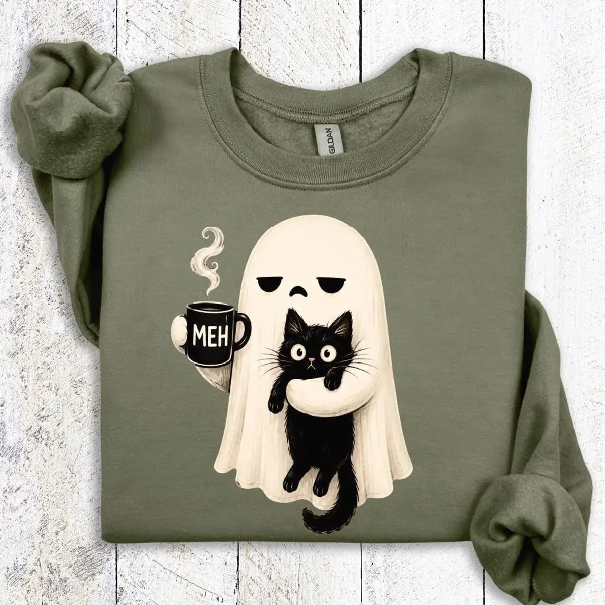 Ghost Holding Black Cat Sweatshirt, Meh Coffee Ghost Halloween Sweatshirt, Funny Spooky Cat Hoodie, Cute Halloween Graphic Tee, Fall Autumn Spooky Season Outfit, Halloween Party Apparel, Gift for Women & Men