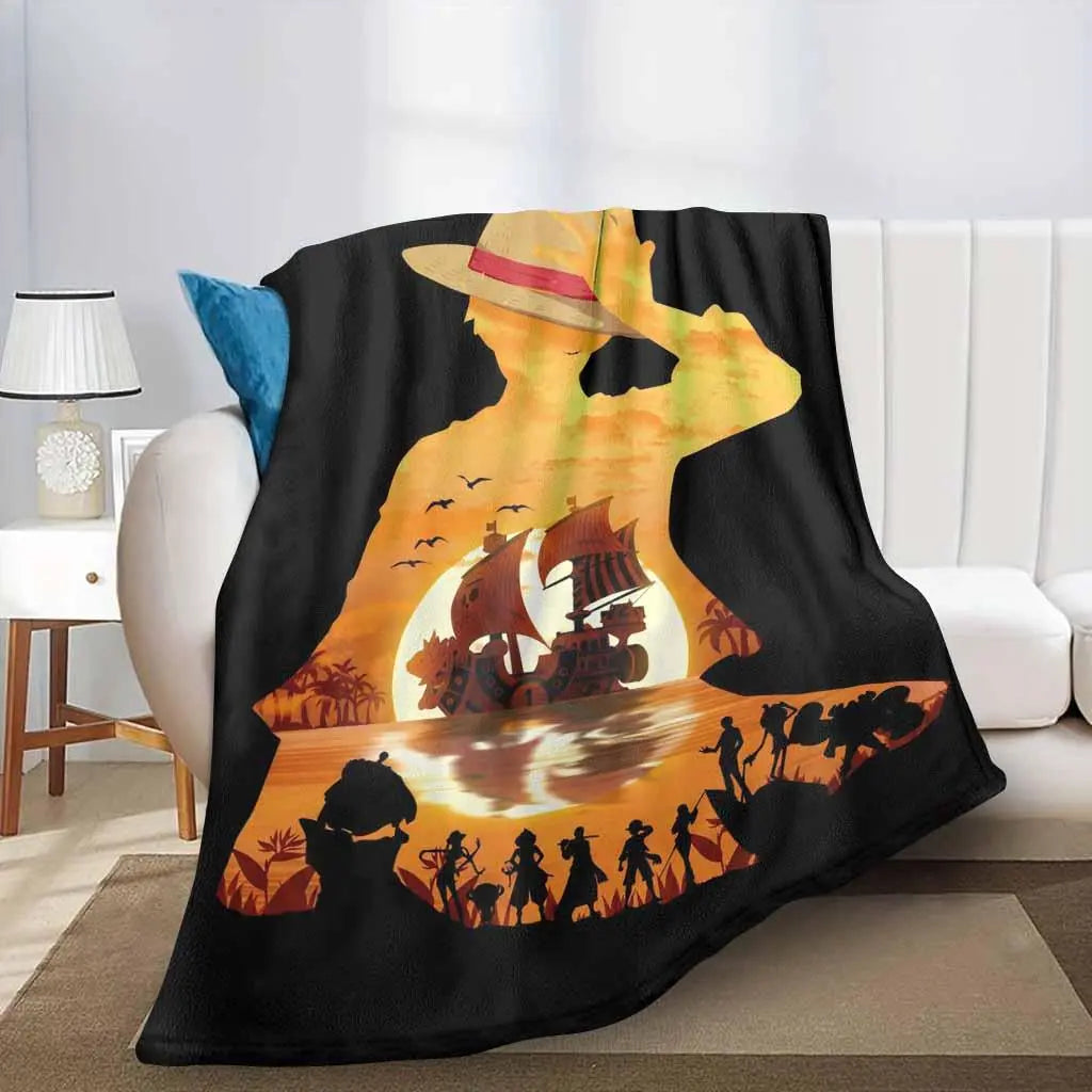 Sunset Pirate Ship Silhouette Print Flannel Fabric Throw Blanket - Soft, Lightweight, Breathable, Anti-Pilling, Wrinkle-Resistant, Multi-Size - Cozy Setup Gift Decor for Sofa, Camping, Daily Office Life (TikTok Shop Spring Glow Up)