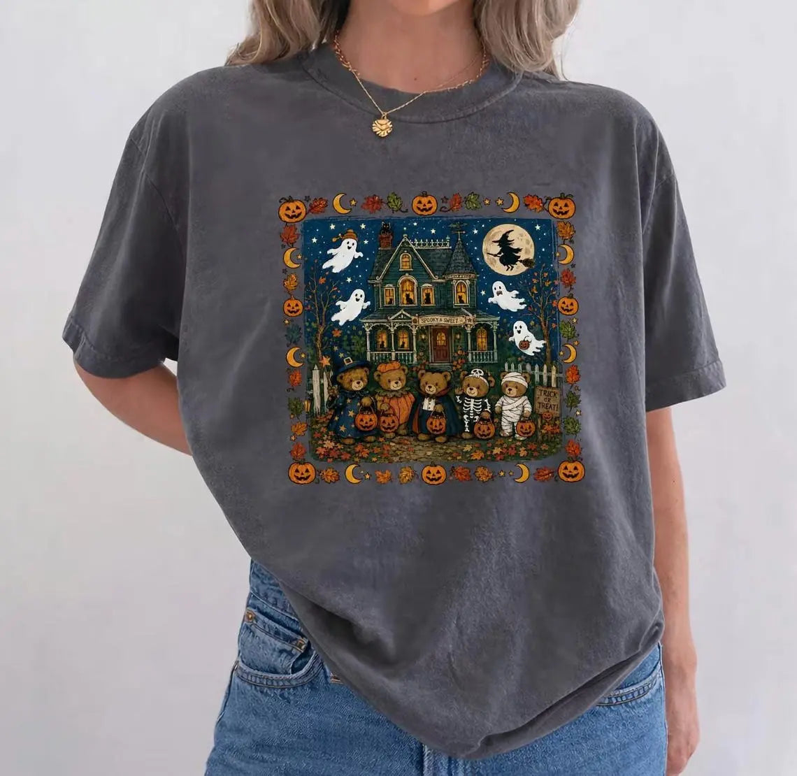 Comfort Colors 90s Bears Halloween Shirt, Trick or Treat Tee, Haunted House Graphic T-Shirt, Pumpkin Lover Spooky Season Gift