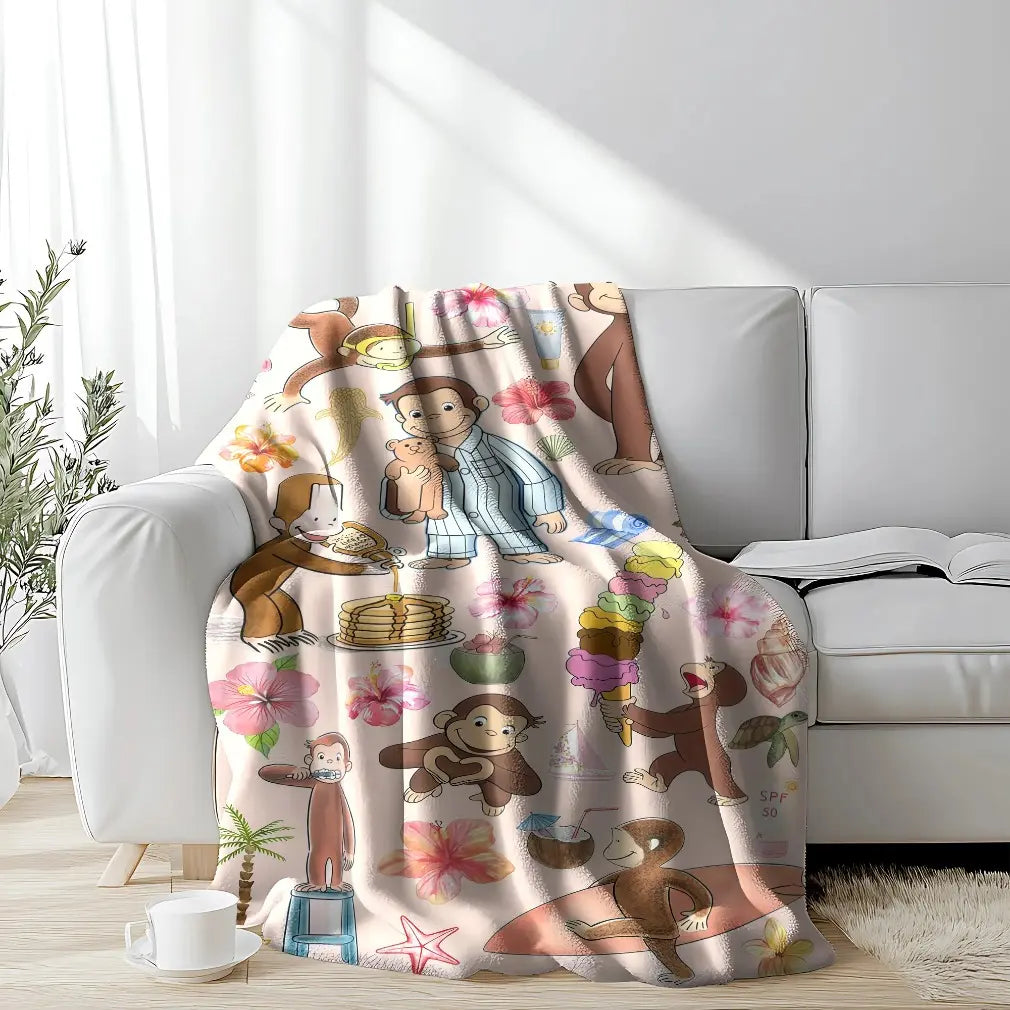 Curious George Classic Flannel Print Throw Blanket - Tropical & Pajama Collage, Beach Surf Adventure, Pancake Scene Designs, Lightweight, Fade Resistant, Soft Cozy, Machine Washable for Kids' Beds, Living Space Snuggle, Holiday Birthday Gift