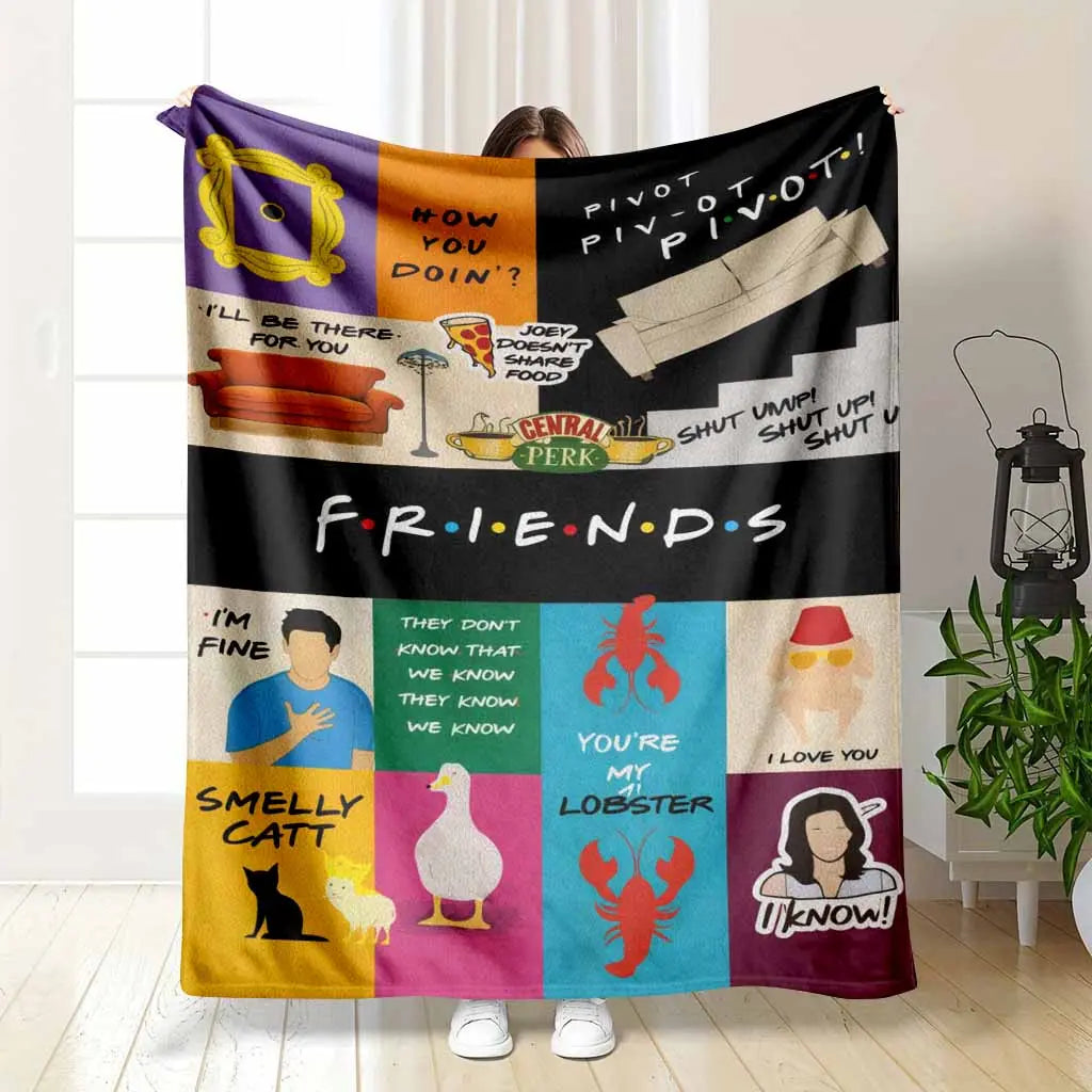 Friends TV Show Flannel Fabric Blanket - Soft, Warm, Fuzzy, Lightweight, Wrinkle Resistant, Anti-Pilling Throw with "You're My Lobster", Smelly Cat, Pivot Quotes & Central Perk Prints, 90s Sitcom Aesthetic, Indoor/Outdoor, Sofa Use, Best Friend Gift, Mult