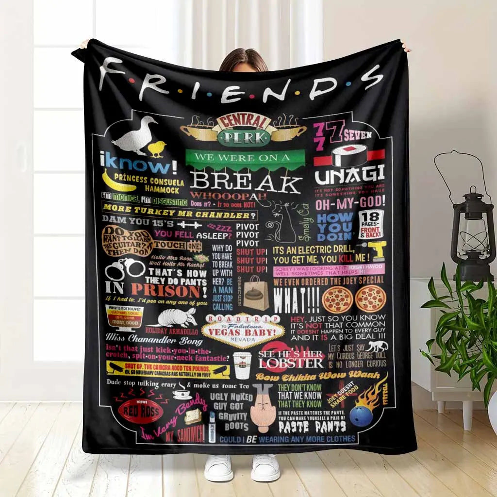 Friends Inspired Flannel Fabric Throw Blanket - Central Perk Quotes Print, Colorful Iconic Design, Wrinkle Resistant, Anti-Pilling - Fits Sofa, Bed, or Car, Soft Cozy for Home & Office, Ideal Gift & Home Decor, Indoor/Outdoor