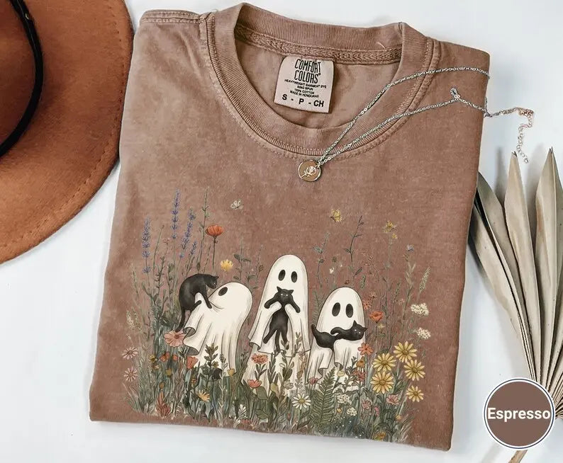 Comfort Colors Vintage Cottagecore Ghost Cat TShirt, Halloween Whimsical Wildflower Botanical Tee, Floral Spooky Nature Lover Gift