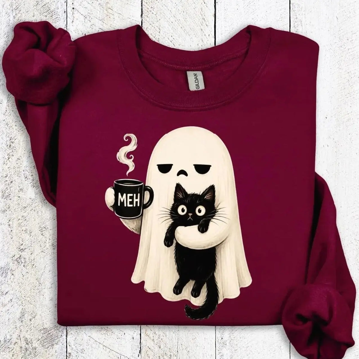 Ghost Holding Black Cat Sweatshirt, Meh Coffee Ghost Halloween Sweatshirt, Funny Spooky Cat Hoodie, Cute Halloween Graphic Tee, Fall Autumn Spooky Season Outfit, Halloween Party Apparel, Gift for Women & Men
