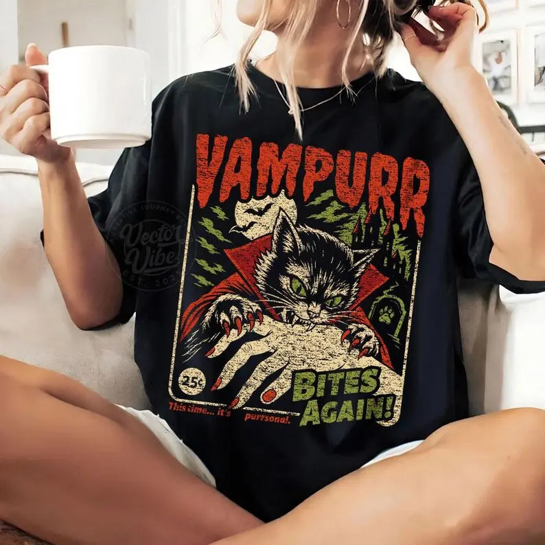 Comfort Colors Vampire Cat Shirt, Retro Halloween Graphic Tee, Funny Spooky Cat T-Shirt, Vampurr Bites Again Halloween Apparel, Cute Gothic Cat Gift