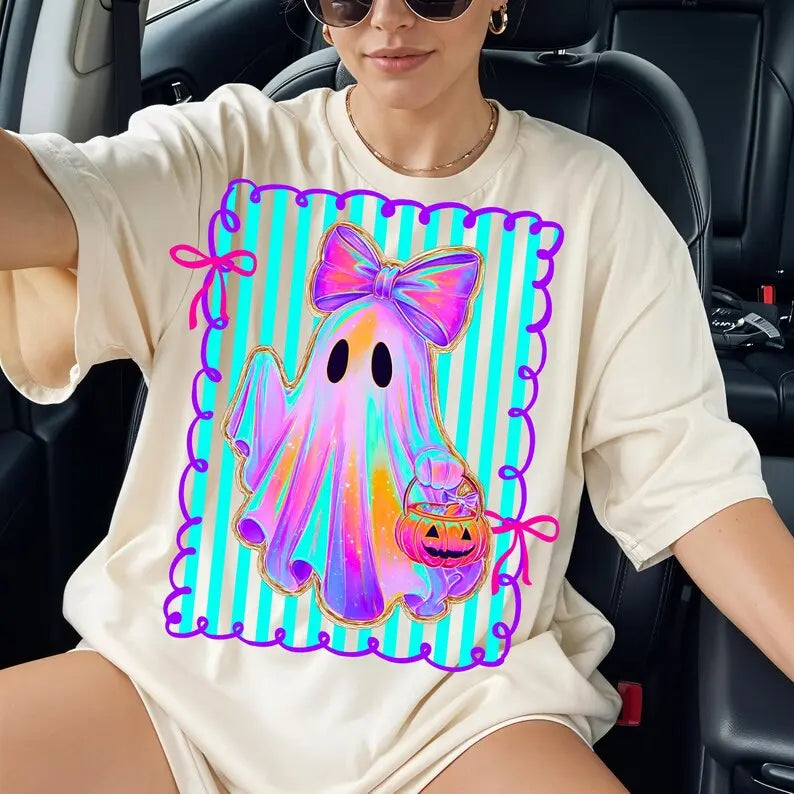 Comfort Colors Preppy Halloween Ghost Shirt, Cute Boo Ghost Coquette Tee, Floral Spooky Season Pumpkin Shirt, Girly Retro Halloween Apparel for Women