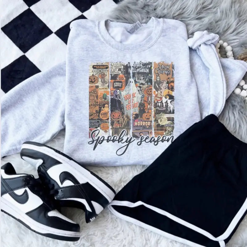 Spooky Season Collage Sweatshirt - Ash Grey - Spooky Sweatshirt