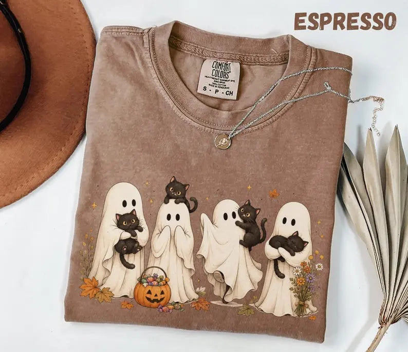 Comfort Colors Cute Ghost Cat Halloween T-Shirt, Spooky Season Tee, Black Cat Ghost TShirt, Cozy Fall Halloween Graphic T Shirt