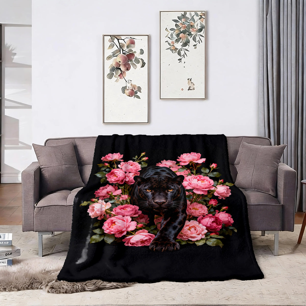 Black Panther & Pink Peony Artistic Flannel Fleece Throw Blanket - Ultra Soft, HD Print Floral Animal Design, Non-Shedding, Warm, Lightweight, Cozy for Sofa, Bed or Reading Nook, Home Decor Unique Gift, Cozy Throw Blanket