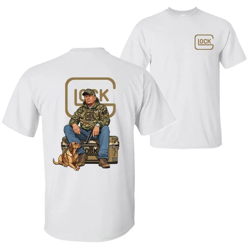 Unisex Cotton 47th President Trump & Glock Hunting Dog Print T-Shirt - Casual Fashion Comfortable Camo Hunting Season Crewneck Short-Sleeve Sports Outdoor Top, Prints, Shortsleeve, Style, Crew Neck
