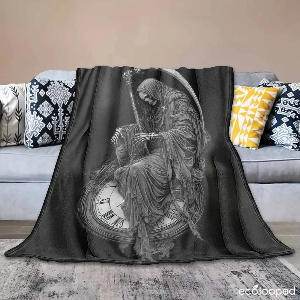 Grim Reaper Flannel Throw Blanket - Soft, Gentle on Skin, Death & Time Clock Print, Lightweight, Anti-Pilling, Wrinkle Resistant, Gothic Home Decor, Halloween Gift for Dark Fantasy Lovers, Cozy Warm Bedding Blanket