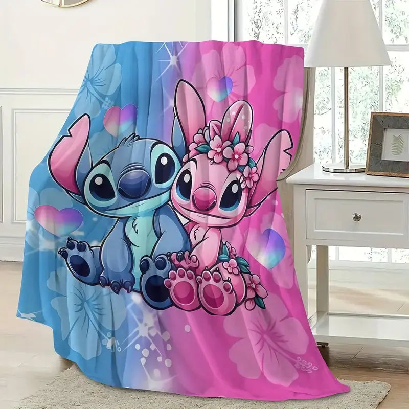 [SummerVibes] DISNEY CLASSIC Stitch & Angel Flannel Blanket - Soft, Warm, Lightweight with Vibrant Cartoon Design, Sofa, Bed, Office, Blanket for Couch