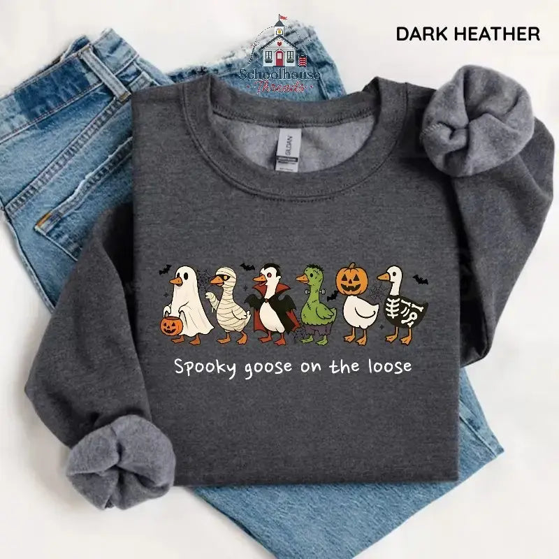 Spooky Goose on the Loose Sweatshirt, Funny Halloween Goose Graphic, Unisex Crewneck for Fall, Apparel Made In The US - Caps Apparel