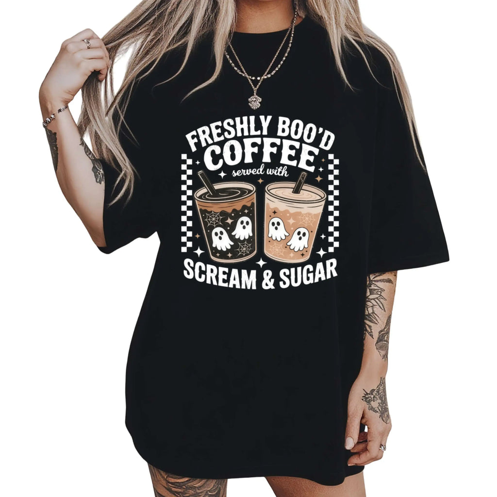 Women's Ghost Coffee Halloween T-Shirt - Unisex Tops for Women, Cute Spooky Print Trendy Graphic Shirts, Retro Cozy Fall Apparel