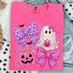 Comfort Colors Preppy Ghost Coquette Shirt, Cute Pink Bow Halloween T-Shirt, Girly Spooky Season Graphic Tee, Retro Fall Ghost Apparel, Trendy Gift
