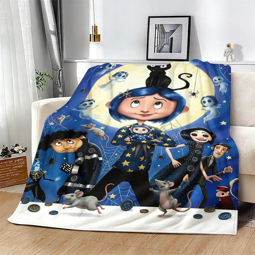 Coraline Cartoon Character Print Soft Flannel Blanket - Home & Travel Use Bed Throw, Ideal Holiday Christmas Birthday Gift for Teens & Children, General Use for Adults, Sohochic Flannel Blankets