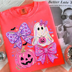 Comfort Colors Preppy Ghost Coquette Shirt, Cute Pink Bow Halloween T-Shirt, Girly Spooky Season Graphic Tee, Retro Fall Ghost Apparel, Trendy Gift