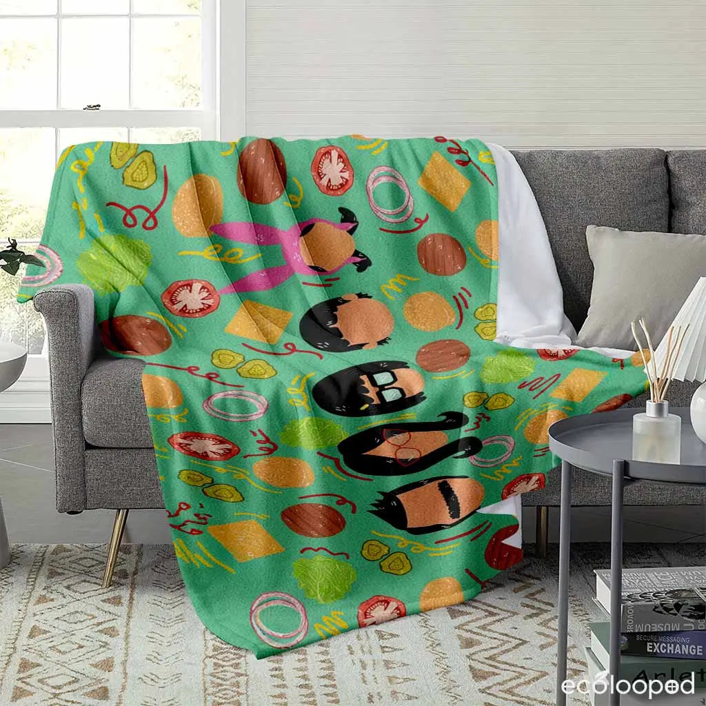 Burger Family Flannel Throw Blanket, Cartoon Food Print, Soft Warm Lightweight Breathable Cozy, Ideal for Sofa & Travel, Great Gift for Food Lovers, Lightweight Breathable Blanket