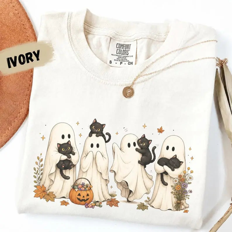Comfort Colors Cute Ghost Cat Halloween T-Shirt, Spooky Season Tee, Black Cat Ghost TShirt, Cozy Fall Halloween Graphic T Shirt