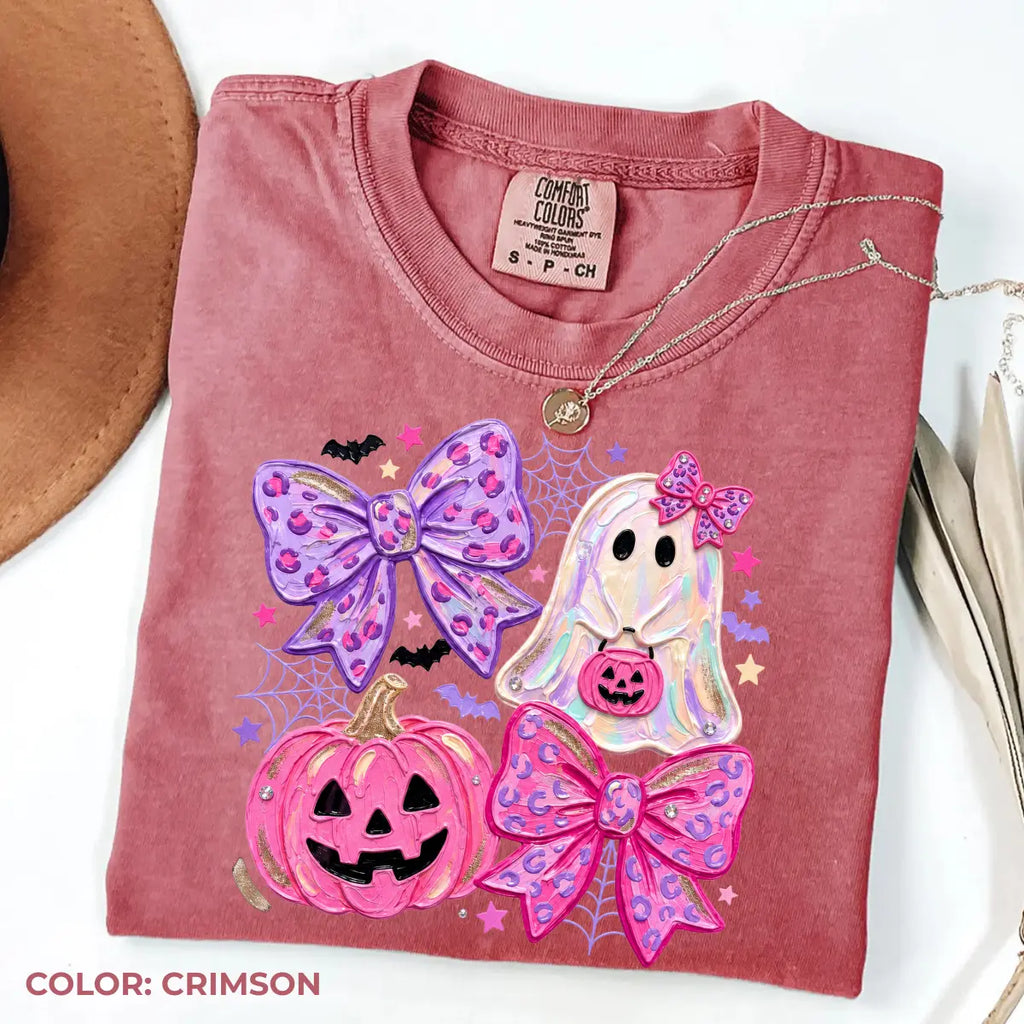 Comfort Colors Preppy Ghost Coquette Shirt, Cute Pink Bow Halloween T-Shirt, Girly Spooky Season Graphic Tee, Retro Fall Ghost Apparel, Trendy Gift