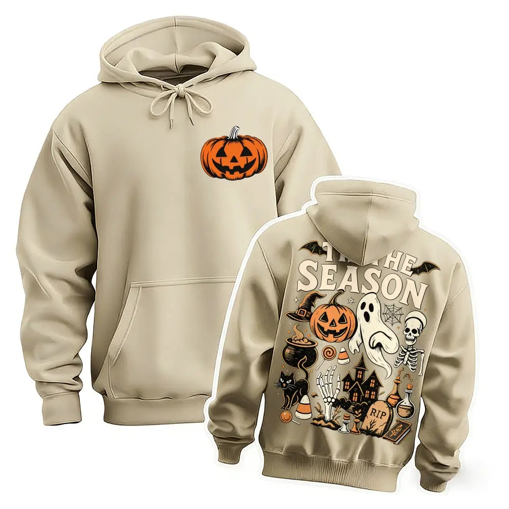Halloween Spooky Season Graphic Hoodie, Pumpkin Ghost Skeleton Front and Back Print Pullover Sweatshirt, Vintage Horror Long Sleeve Streetwear Hoodie for Halloween Party, Fall and Daily Wear