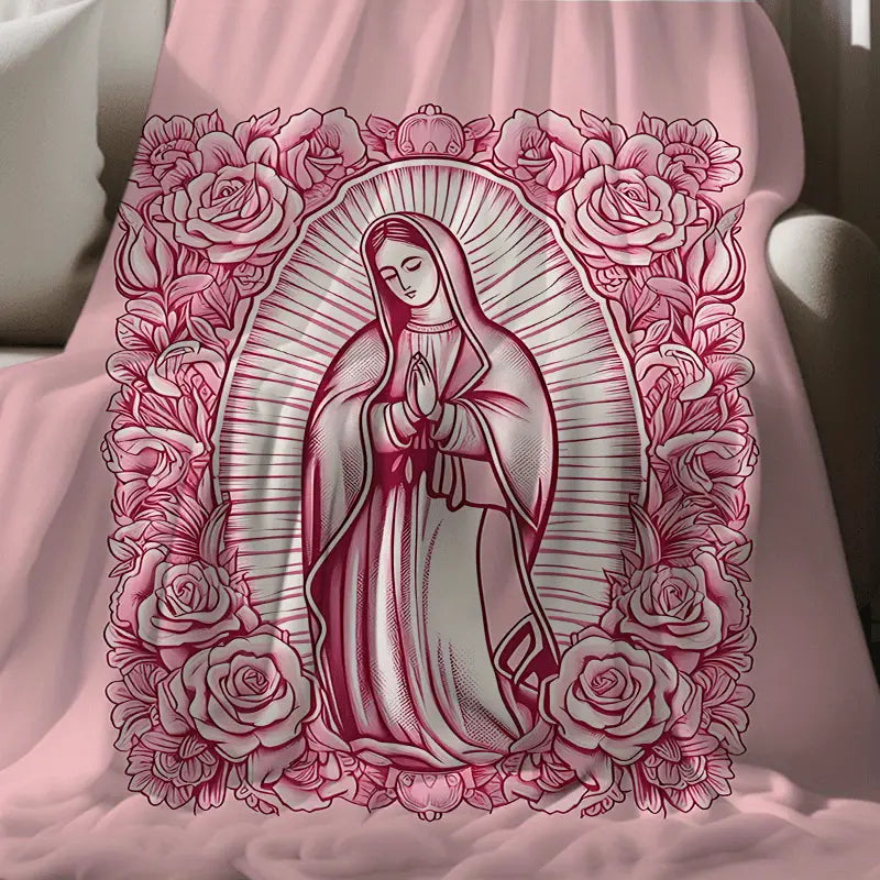 1 Piece Cozy Pink Virgin Mary Blanket-Super Soft Velvet with Floral Pattern, Perfect Gift for Mom, Grandma, Birthday and Valentine's Day, Perfect for Sofa, Bed, Travel and Living Room, multifunctional Blanket | Floral Blanket | Plush Texture,Meditation