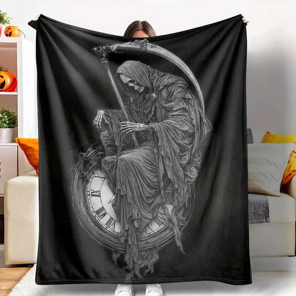 Grim Reaper Flannel Throw Blanket - Soft, Gentle on Skin, Death & Time Clock Print, Lightweight, Anti-Pilling, Wrinkle Resistant, Gothic Home Decor, Halloween Gift for Dark Fantasy Lovers, Cozy Warm Bedding Blanket