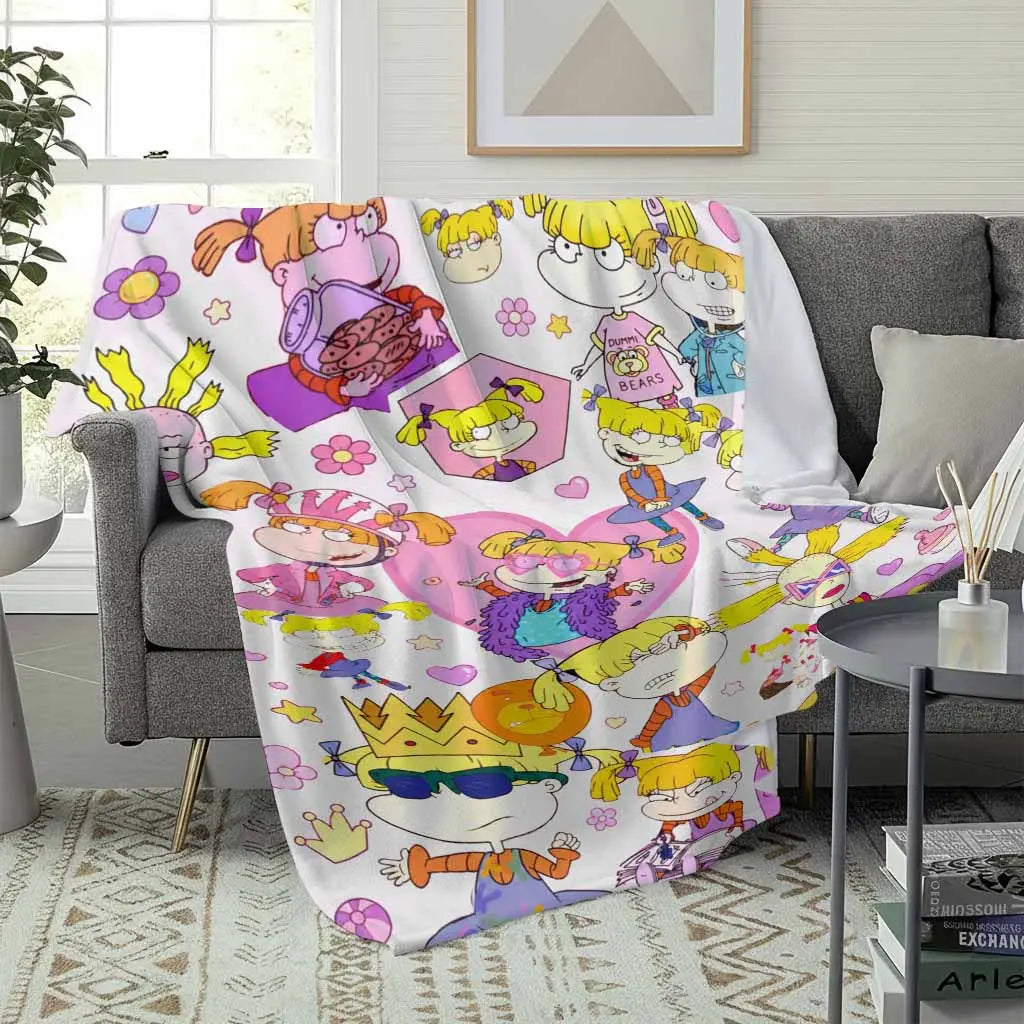 Cartoon Girl Flannel Blanket - Anti-Pilling Flannel Fabric, Retro 90s Pink Hearts Floral Pattern, Soft Cozy Lightweight, Multi-Size, Home/Dorm Indoor/Outdoor Use, Gift for Teens