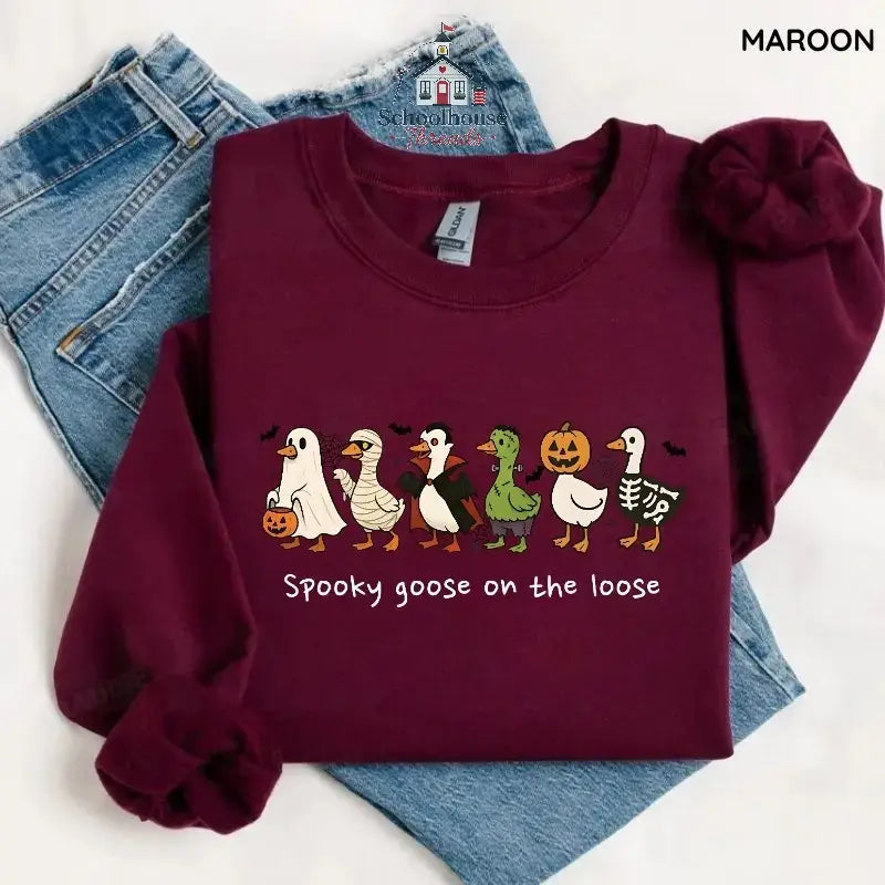 Spooky Goose on the Loose Sweatshirt, Funny Halloween Goose Graphic, Unisex Crewneck for Fall, Apparel Made In The US - Caps Apparel