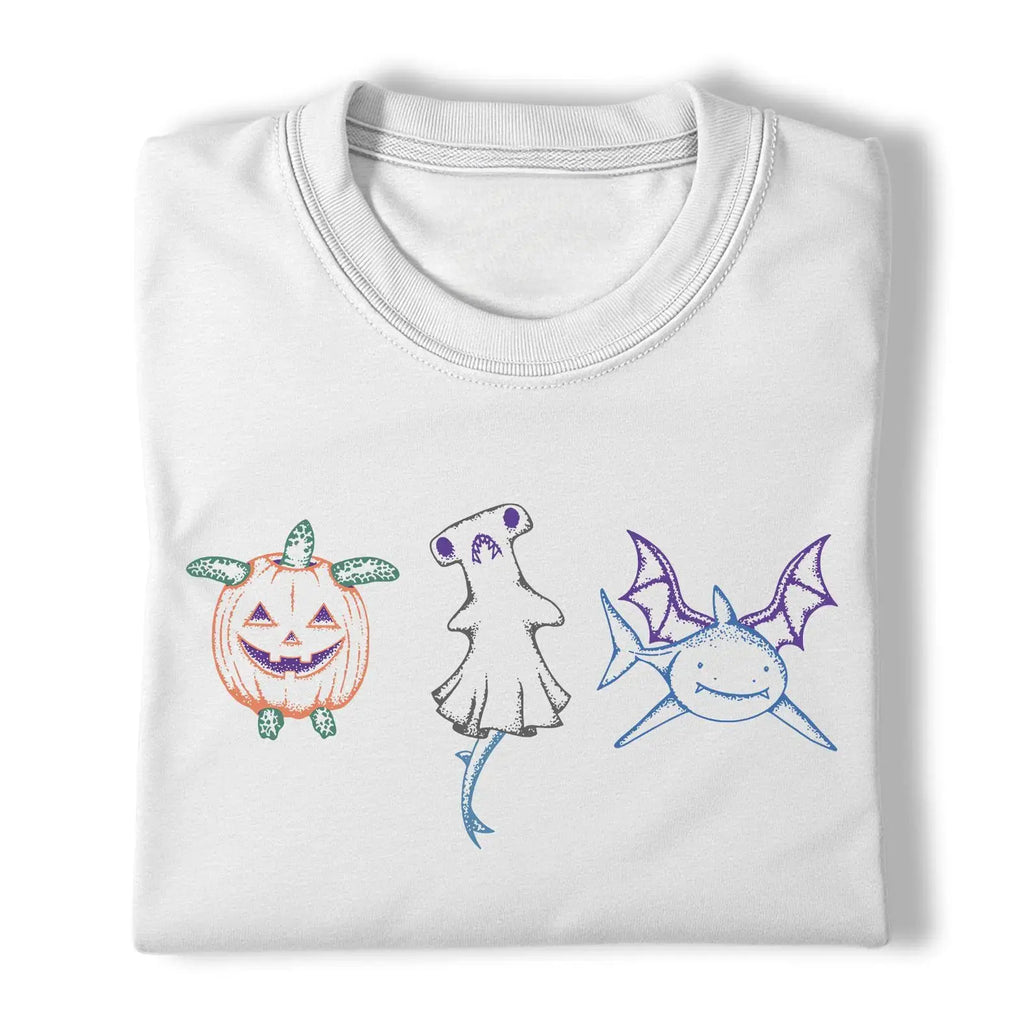 Women's Graphic T-Shirt - Cute Halloween Sea Animals, Pumpkin Turtle, Ghost Shark, Bat Wings Print - Plus Size Clothes, Cute Shirts, Whimsical Clothes - Unisex Gift for Spooky Ocean Animal Lovers
