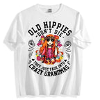 Hippie Graphic T-Shirt for Women in 100% Cotton, Casual Top with Floral Print, Peace Sign and 'Old Hippies Are Not Dead' Slogan, Women's Clothes, Alternative Style, Easy Tee For Daily Wear, Unisex Classic Fit