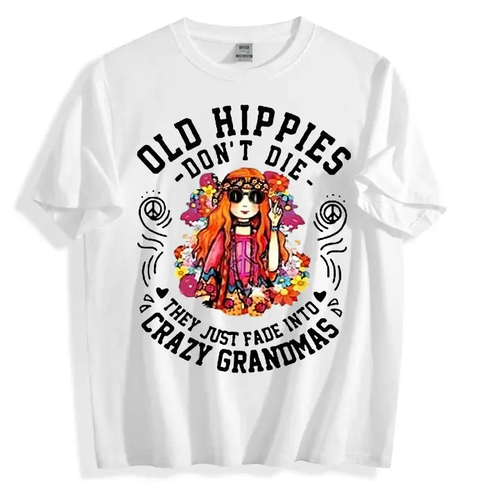Hippie Graphic T-Shirt for Women in 100% Cotton, Casual Top with Floral Print, Peace Sign and 'Old Hippies Are Not Dead' Slogan, Women's Clothes, Alternative Style, Easy Tee For Daily Wear, Unisex Classic Fit