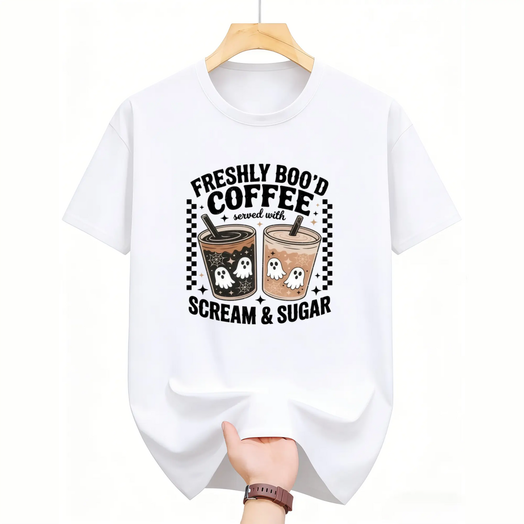 Women's Ghost Coffee Halloween T-Shirt - Unisex Tops for Women, Cute Spooky Print Trendy Graphic Shirts, Retro Cozy Fall Apparel