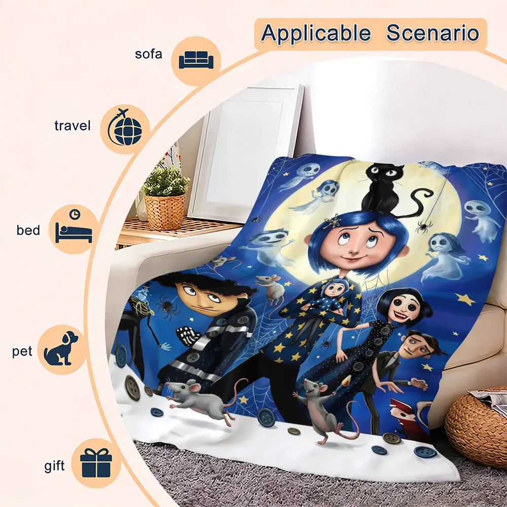 Coraline Cartoon Character Print Soft Flannel Blanket - Home & Travel Use Bed Throw, Ideal Holiday Christmas Birthday Gift for Teens & Children, General Use for Adults, Sohochic Flannel Blankets