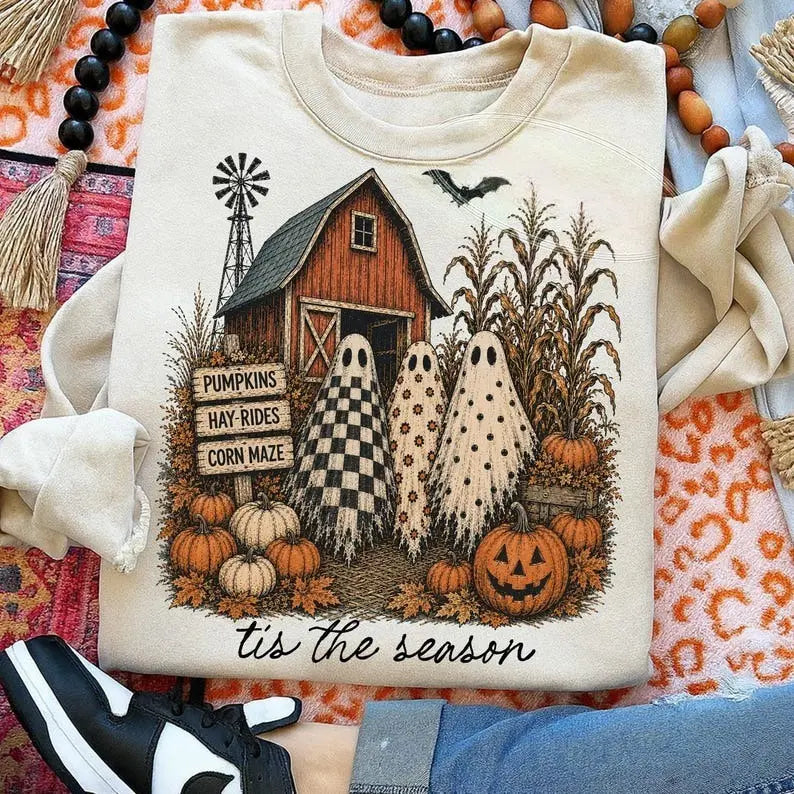 Trendy Casual Fall Halloween Graphic T-Shirt, Farmhouse Look Top with Checkered Floral Polka Dot Ghost Print, Pumpkin Theme