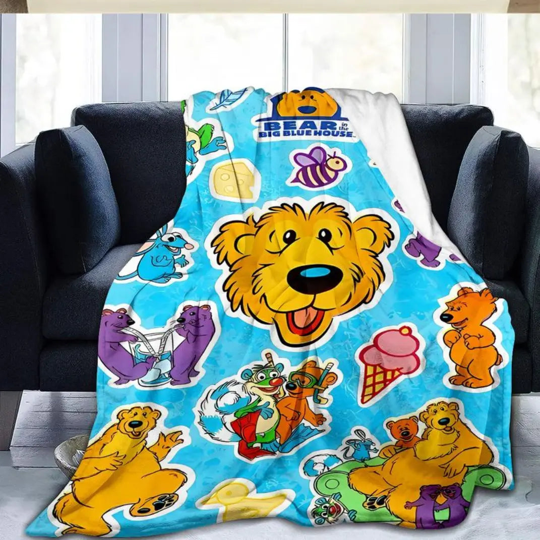 Soft Flannel Blanket Bear in the Big Blue House Cartoon Design, Cozy Throw for Living Room Office Sofa, Perfect Gift for All Seasons Thin Blanket Dream Workshop