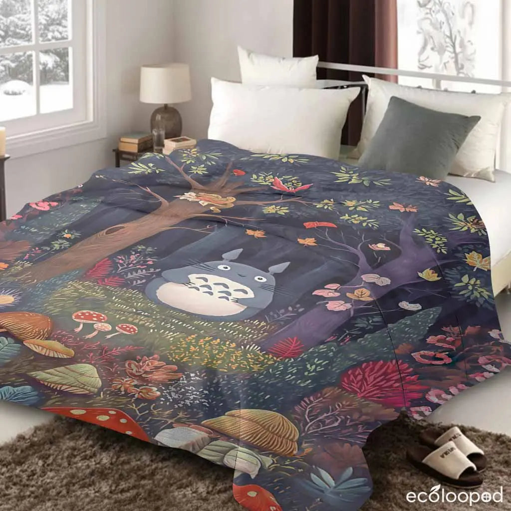 Totoro Flannel Throw Blanket - 60×80in Bed Cover, Whimsical Fantasy Animation Theme, Wrinkle-Resistant, Anti-Pilling Enchanted Forest Print, Super Soft Breathable, Built to Last Daily Use Home Textile, Ideal Gift for Animation Lovers