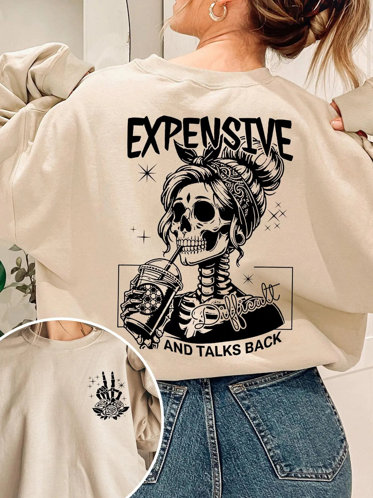 Women's Letter, Halloween & Skeleton Print Drop Shoulder Sweatshirt, Fashion Casual Long Sleeve Crew Neck Pullover for Daily Holiday Outdoor Wear, Women Clothing for Fall & Winter, Lady Tops, Womenswear, Graphic Sweatshirts