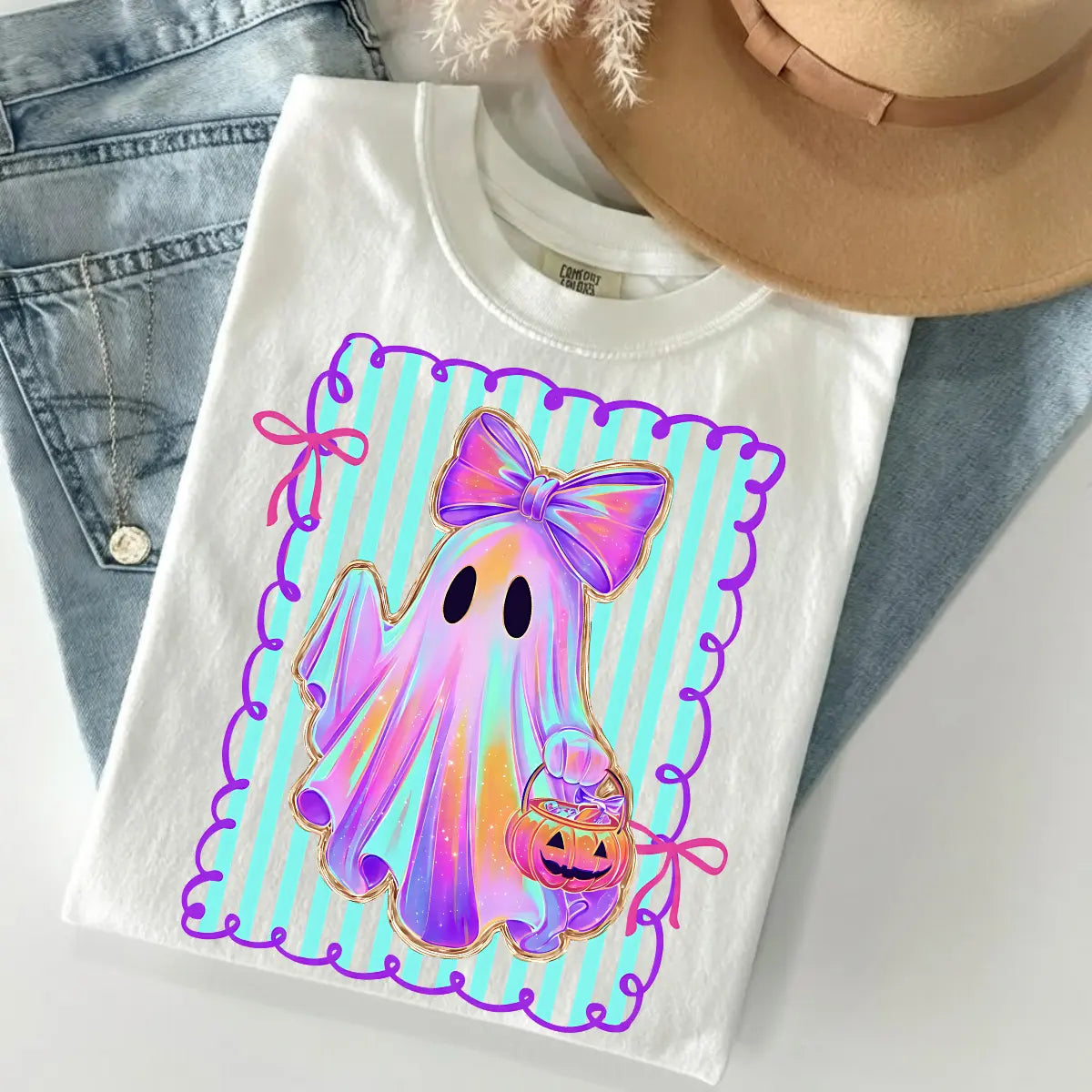 Comfort Colors Preppy Halloween Ghost Shirt, Cute Boo Ghost Coquette Tee, Floral Spooky Season Pumpkin Shirt, Girly Retro Halloween Apparel for Women